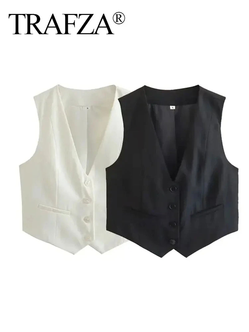 Fashion Women Vest Sleeveless Vests for Women Chic V-Neck Single-Breasted Ladies Elegant White Waistcoat Tops