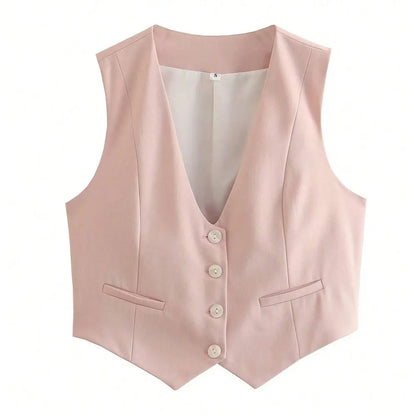 Fashion Women Vest Sleeveless Vests for Women Chic V-Neck Single-Breasted Ladies Elegant White Waistcoat Tops
