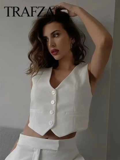 Fashion Women Vest Sleeveless Vests for Women Chic V-Neck Single-Breasted Ladies Elegant White Waistcoat Tops