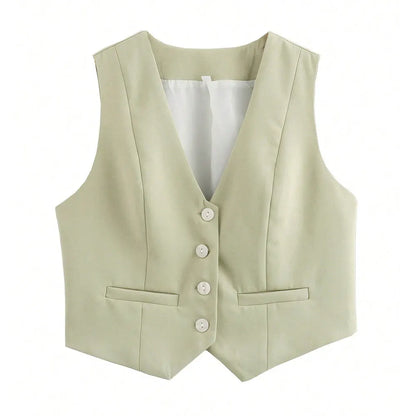 Fashion Women Vest Sleeveless Vests for Women Chic V-Neck Single-Breasted Ladies Elegant White Waistcoat Tops